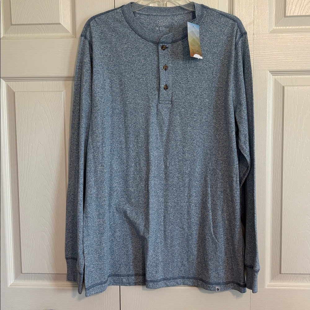 Ocean Coast Blue Heather Long Sleeve Henley Shirt size M NWT